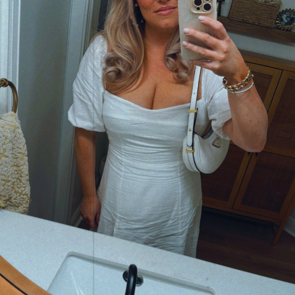 NWT O.P.T. MIDI Puff Sleeve Dress in White Linen - Size L - Picture 4 of 5